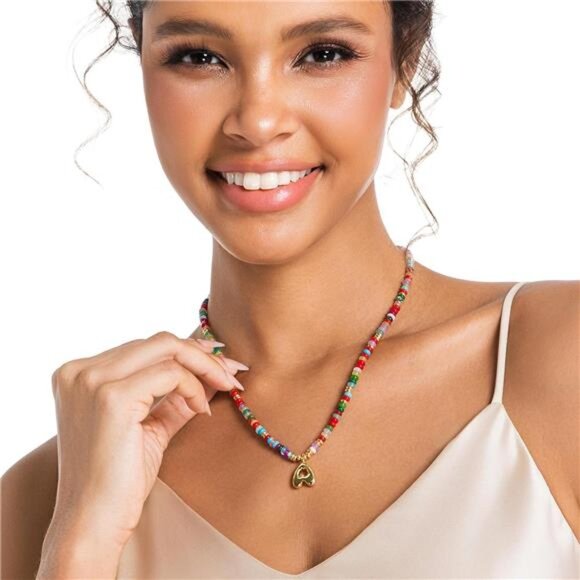 Initial Choker Necklace – 14K Gold Bubble Letter Pendant with Natural Stone - Picture 3 of 6